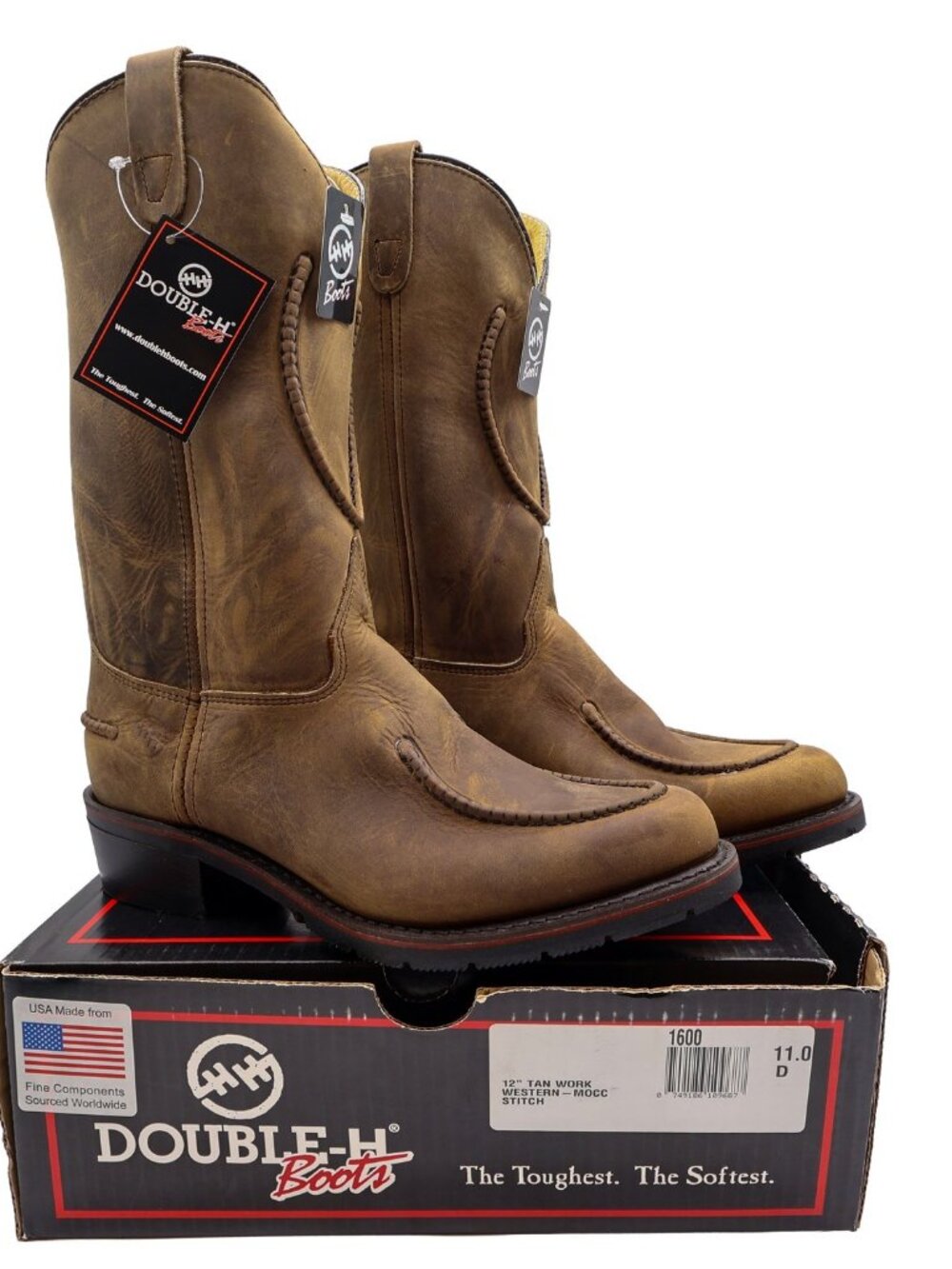 Vintage Double-H Boots Mens 11 D Tan Leather Mocc Stitch Work Western 1600 NWB